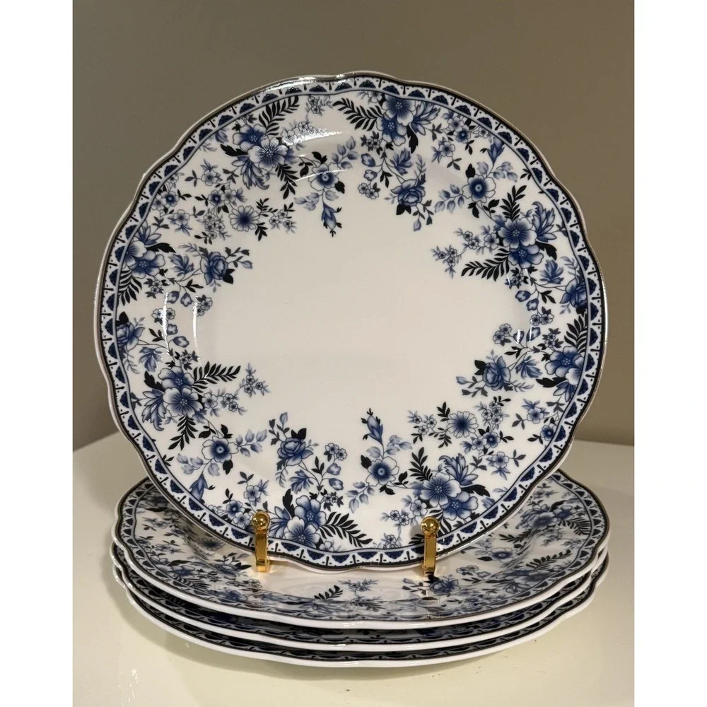 Grace Teaware Fine Porcelain Salad Plates 8in Blue Floral Set of 4 NEW Scalloped